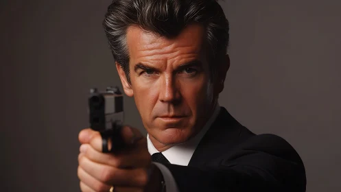 Tactical portrait of suited gunman in shallow-depth profile.