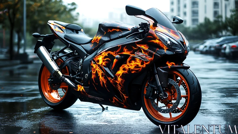 Flame-wrapped sport motorcycle gleams on rainy city street.