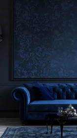 Midnight blue velvet Chesterfield sofa in tonal damask interior