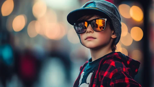 Young male subject wears oversized blue cap and mirrored sunglasses.