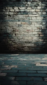 Old brick wall and worn brick floor in moody side light.