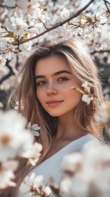 Soft natural light portrait framed by shallow-focus blossom bokeh