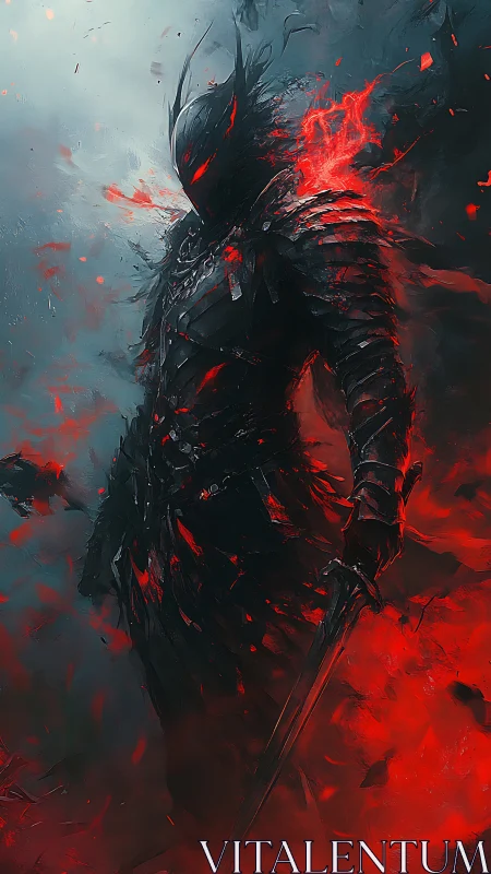 Armored humanoid figure stands in red and gray atmospheric field