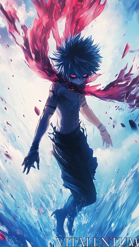 Dynamic anime figure in high-contrast elemental swirl composition.