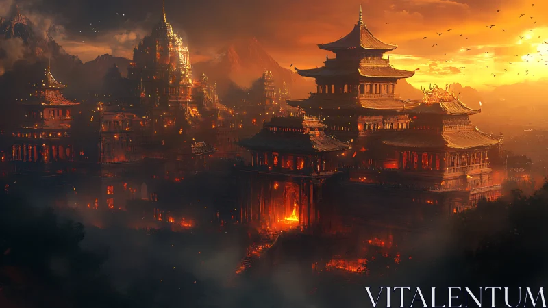 Sunset-ignited pagoda citadel rendered in high dynamic contrast