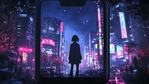 Silhouette in neon urban street framed by smartphone screen.