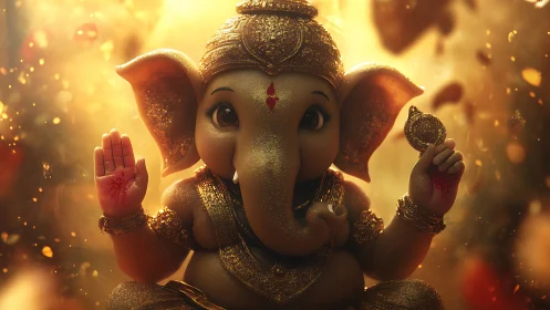 Golden baby Ganesha bathed in soft festive light.