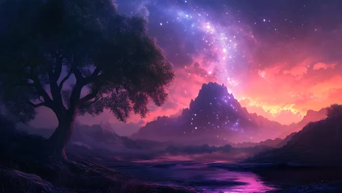 Starlit fantasy mountain under vivid nebula sky at dusk.