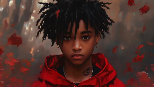 Quiet strength in crimson: a soft storm of falling leaves.