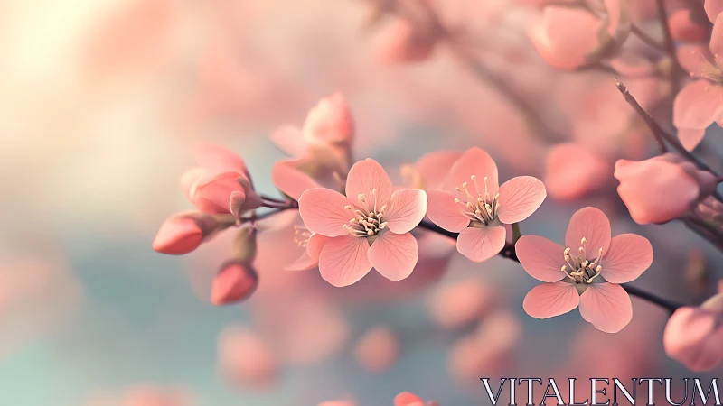 Pink flowering branches with shallow depth of field focus