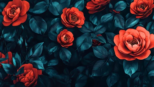Red Blooms Against Teal Foliage in Dark Background