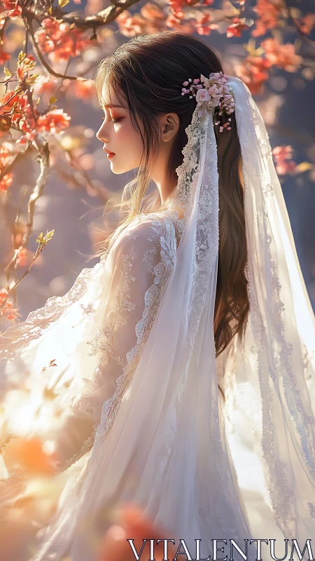Side profile of woman in lace veil near flowering branches.