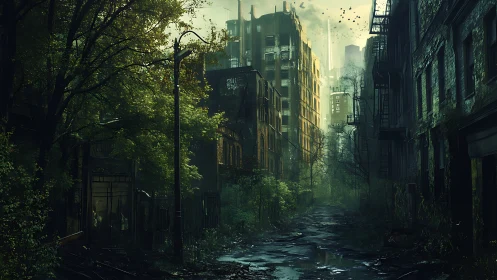 Emerald Ruin Avenue where forgotten towers breathe mossy light.