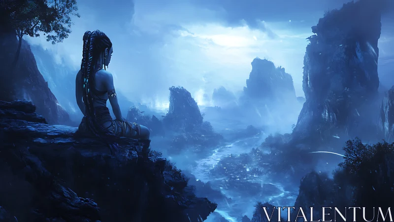 Moonlit wanderer listens to the blue valley breathe below