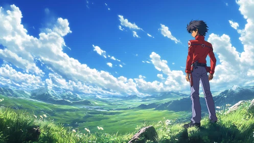 Solitary figure overlooking expansive green valley landscape.