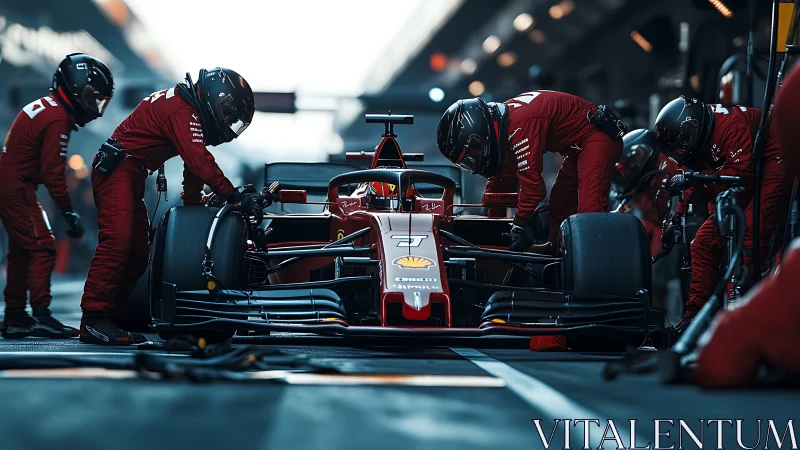 Formula 1 pit stop with red race car and crew in action.