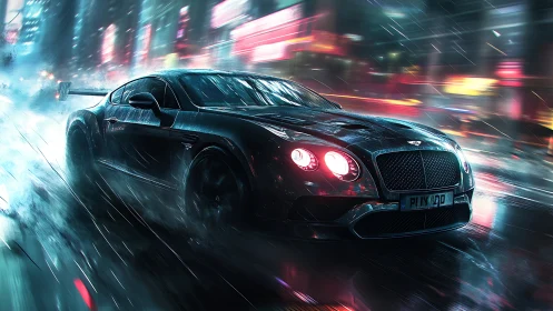 Black sports coupe speeds through wet neon city street at night