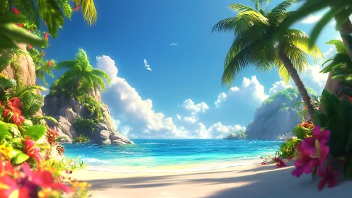 Tropical Paradise Beach with Palm Trees and Flowering Cliffs