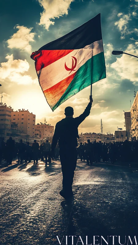Silhouetted figure holds tricolor flag in urban street crowd