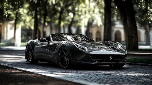 Black luxury convertible sports car parked on cobblestone street
