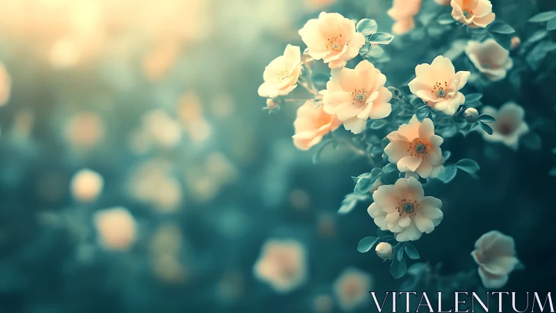 Soft peach flowers in garden bokeh setting.