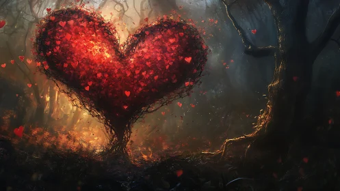 Heart-shaped Tree with Glowing Red Particles in Atmospheric Setting