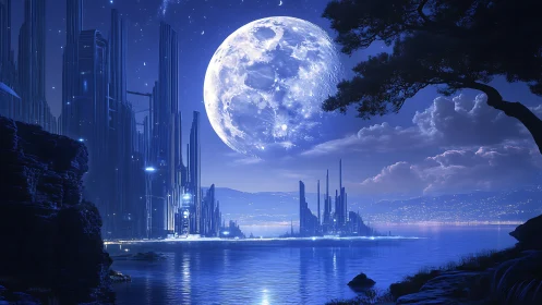 Moonrise over Neon Tides: Silent Skyline at Midnight.