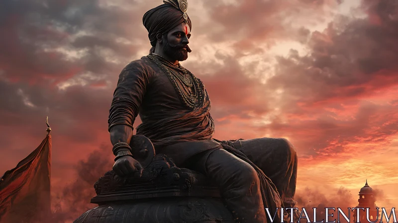 Regal warrior statue against dramatic red evening sky.