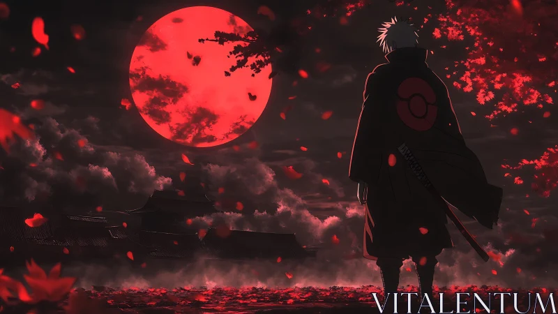 Crimson lunar eclipse over cloaked swordsman silhouette.