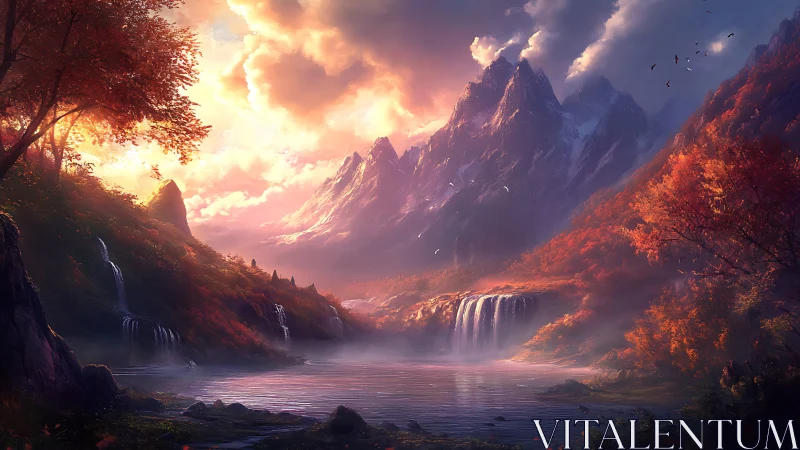 Majestic sunset mountains above lake and waterfalls scene.