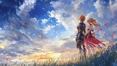 Warrior and maiden watch blazing sunset sky together.