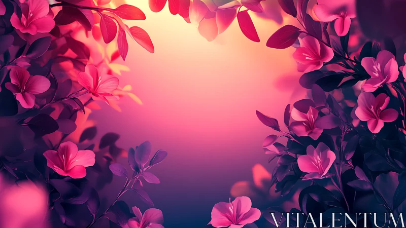 Glowing floral frame surrounds radiant pink sunset core