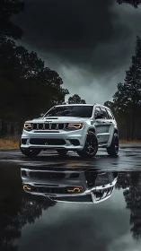 Moody SUV portrait with storm-lit reflection on wet asphalt.