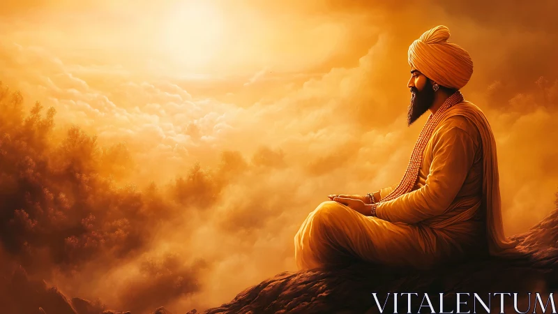 Sunlit turbaned sage meditating above glowing clouds.