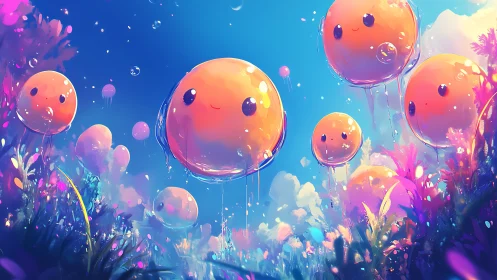 Spherical jellyfish balloons drift through neon bioluminescent reef