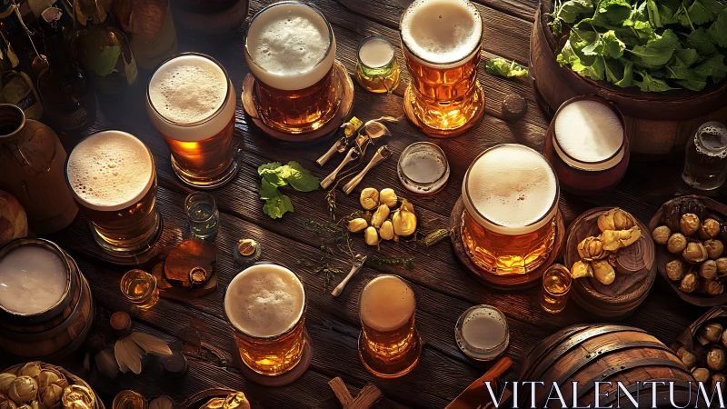 Golden craft beer gathering on rustic wooden table.