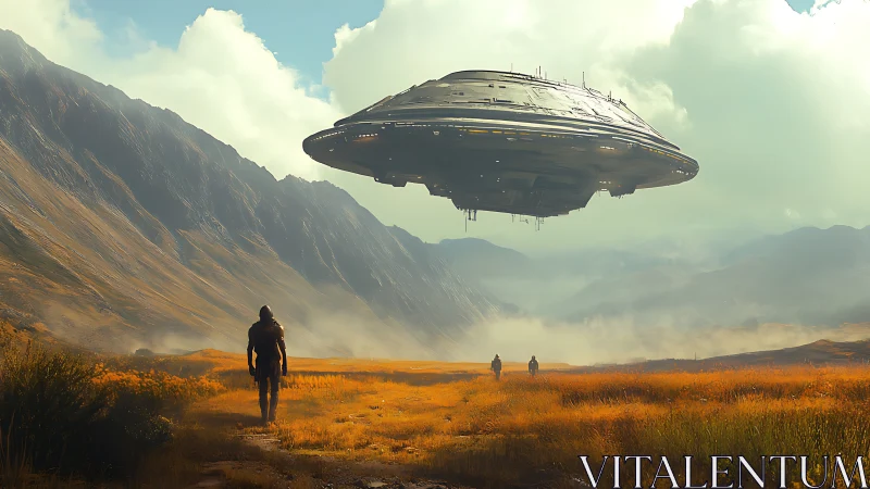 Futuristic saucer starship hovers over misty valley terrain
