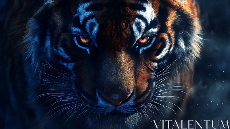 Tiger eyes blaze under cold blue shadows, poised hunter.
