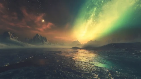 Icy shoreline under luminous sky with distant mountains.