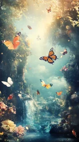 Butterflies over luminous waterfall in dense fantasy gorge.