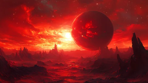 Fiery alien horizon glows under a looming crimson planet