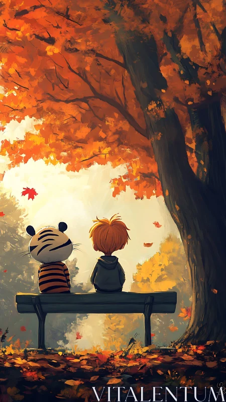 Child and tiger friend share quiet bench under autumn canopy.