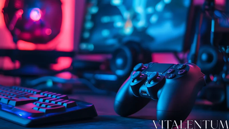 Game controller on desktop with illuminated setup in view.