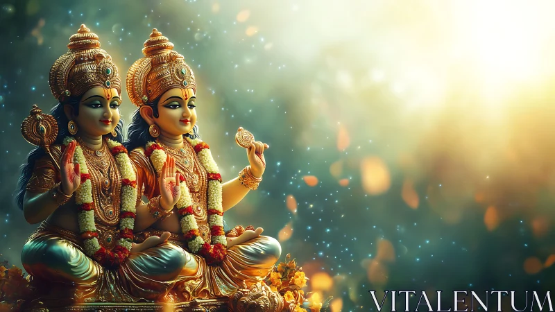 Radiant twin deities sit in golden calm amid glowing light