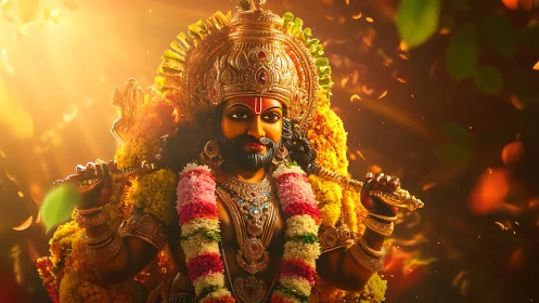 Digital rendering of garlanded Hindu deity with radiant backlight