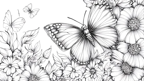 Butterfly wings whisper across a garden of ink-lined blooms