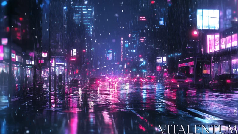Neon soaked city street glowing through the quiet rain.