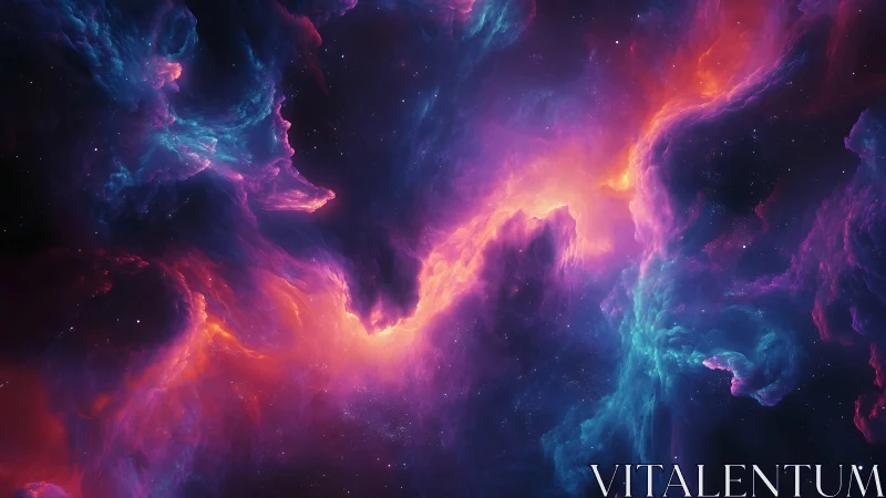 Vibrant cosmic nebula with glowing purple and orange clouds