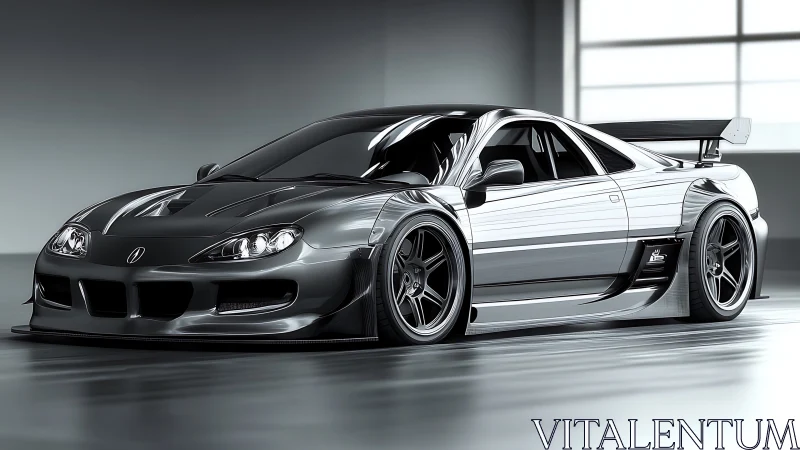 Lowered silver tuner coupe sits in studio with widebody kit