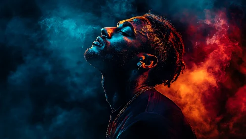 Portrait in blue and orange smoke with dramatic rim light.